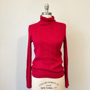 TALBOTS Turtleneck Sweater Crimson Red Cable Knit Minimalist NWT